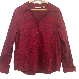 Coldwater Creek Button Up Blouse Top Woman 1X Red Black Print Casual‎ Holiday